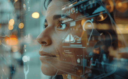 Woman looking off into the distance through a computer screen