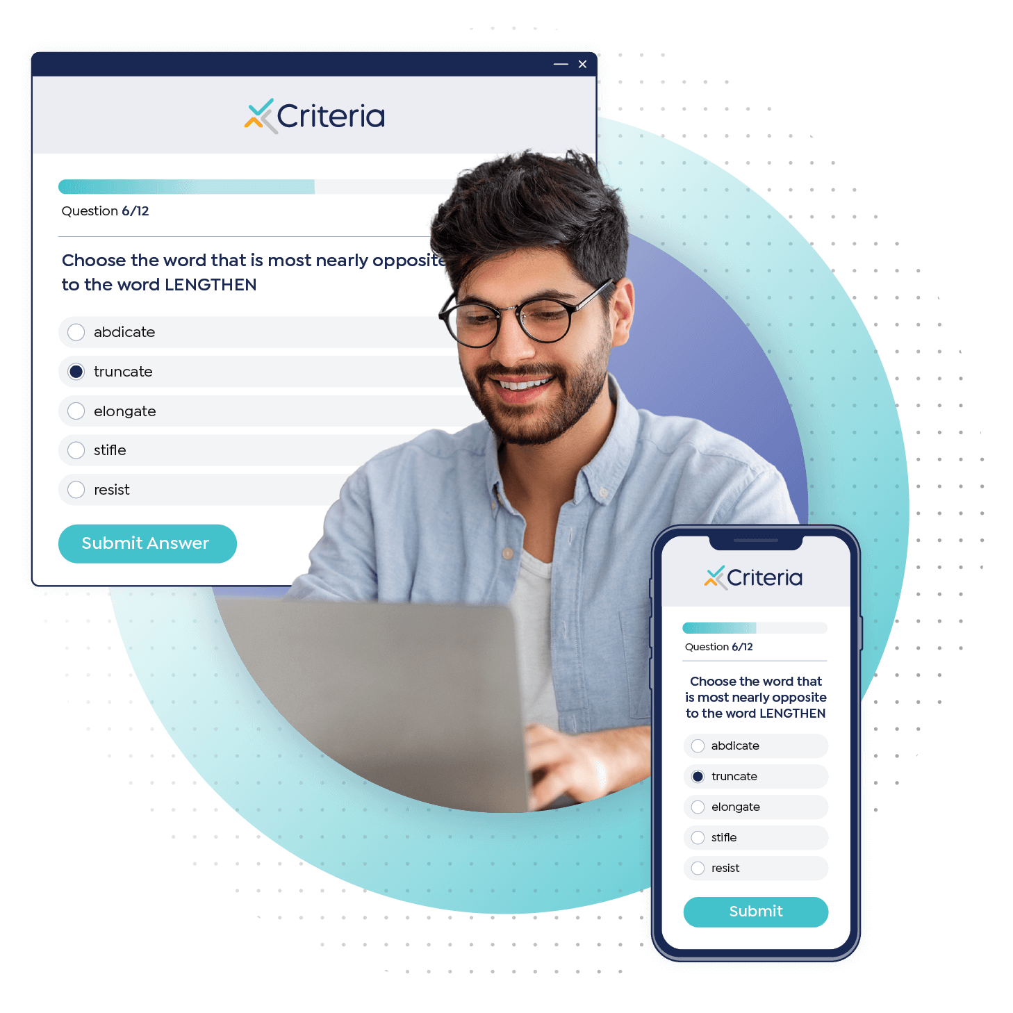 	Man taking Criteria practice test on laptop