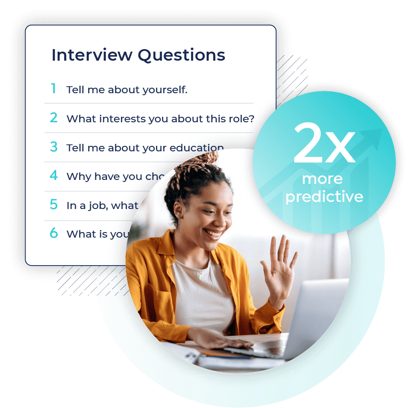 list of interview questions with woman on laptop waving