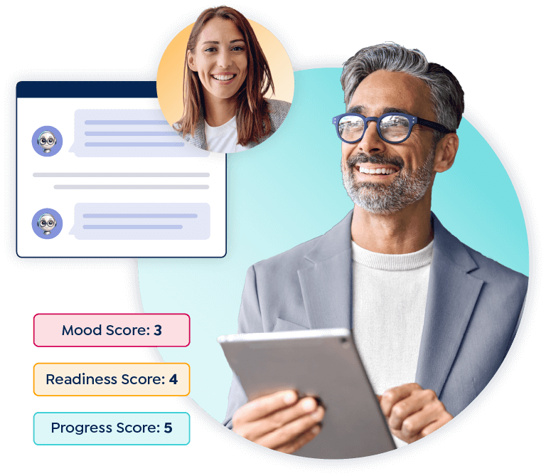 Manager looking at team member, Coach Bo chat off to right