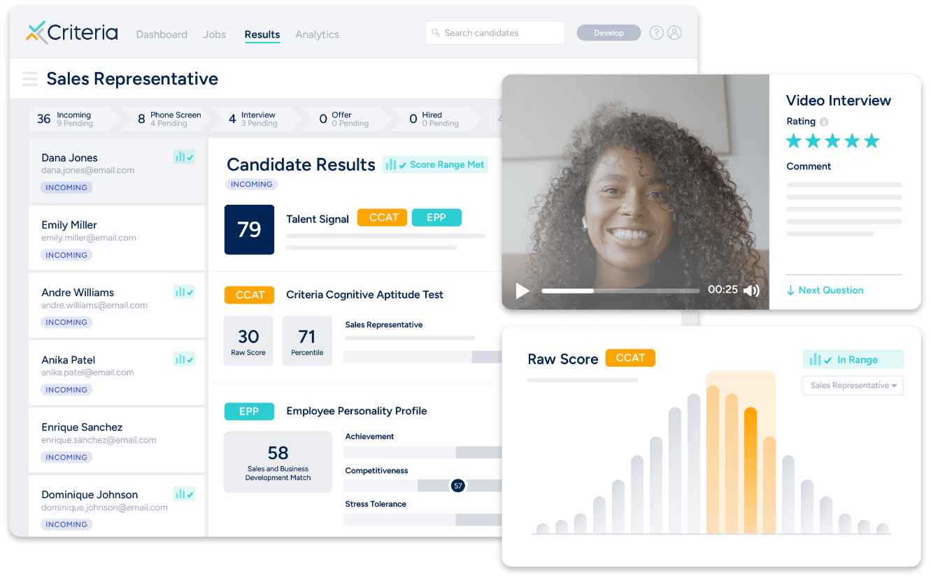 Criteria platform, assessment results and video interview 