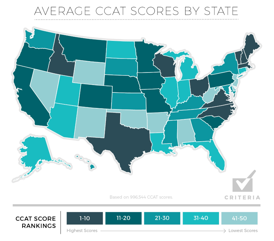 Map of the Smartest States by Test Scores