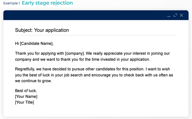 Example candidate rejection email early in the hiring process