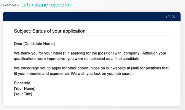 Example candidate rejection email later in the hiring process