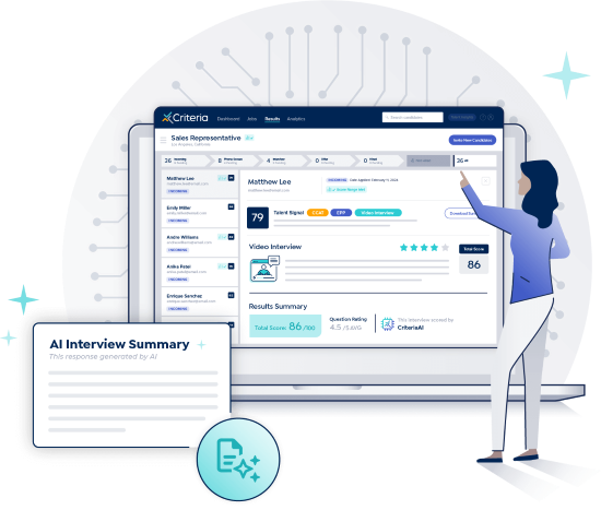 Illustration of a woman exploring the Criteria platform and using the data from IIQ to make informed hiring decisions