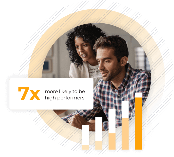 Man and woman with data chart