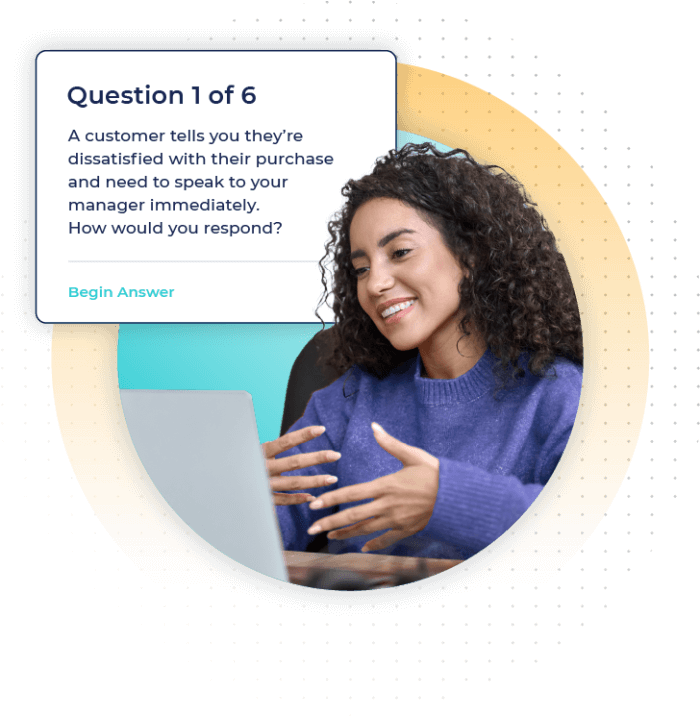 woman answering video interview question