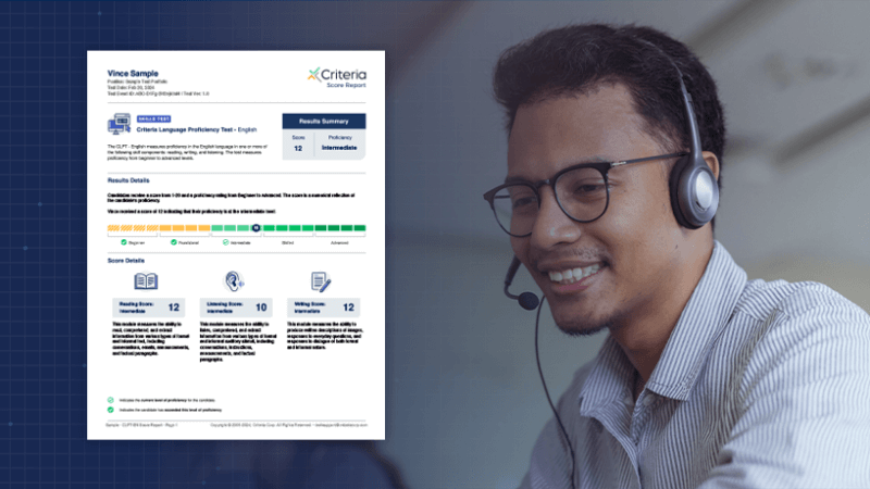 Call center employee with an image of test results next to him