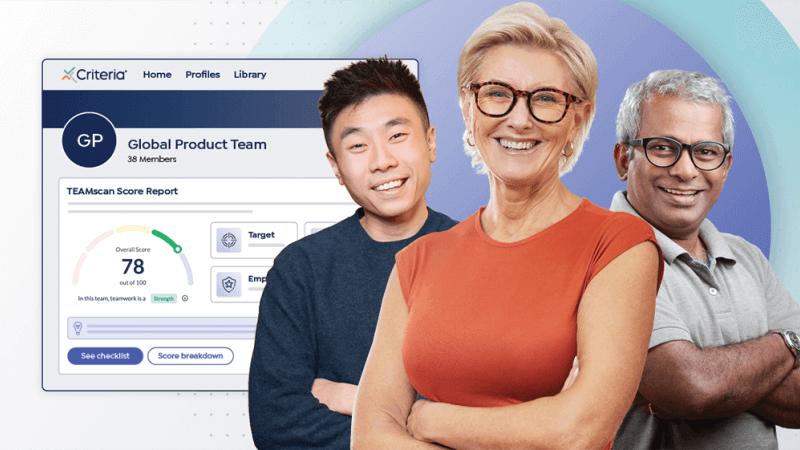 Three people representing different types of stakeholders happy and benefiting from using Criteria's post-hire employee development platform