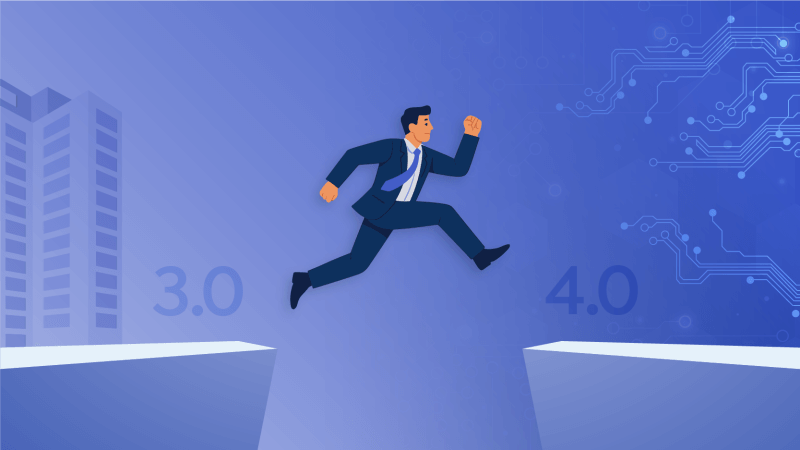 Man in a suit leaping over a gap between Work 3.0 and towards the future of Work 4.0