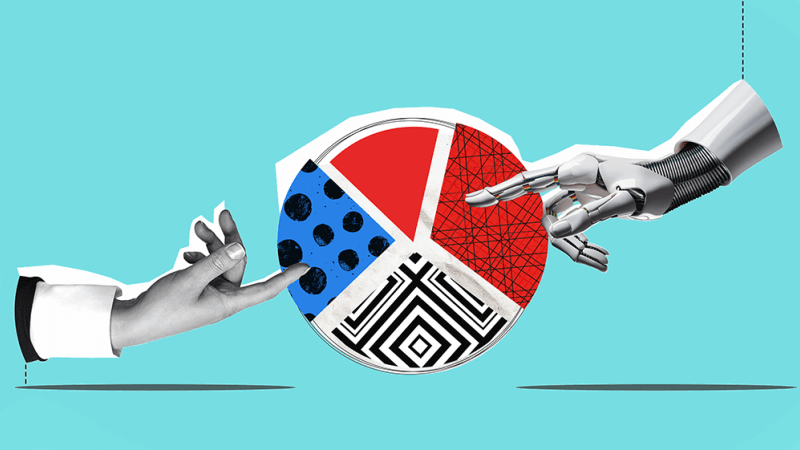 Robotic hand representing AI assistance and a human hand representing human tough both playing a part in the hiring process, representing the goal of balancing new tools with human insight when hiring.