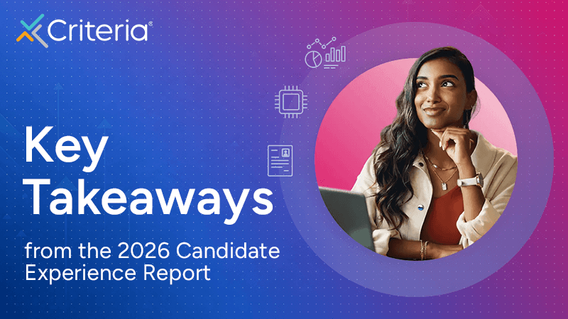 Woman in professional wear looks off thoughtfully, text on image reads "Key Takeaways from the 2026 Candidate Experience Report