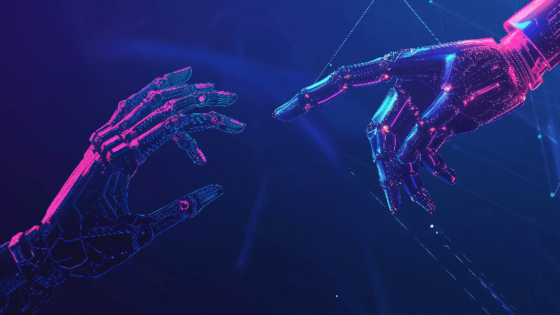 Two robotic hands reaching for each other, representing AI self selection and preference