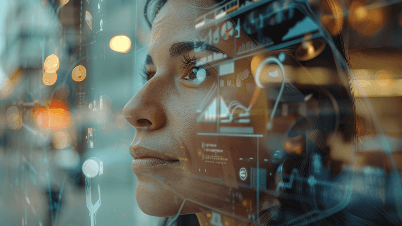Woman looking off into the distance through a computer screen