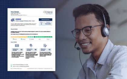 Call center employee with an image of test results next to him