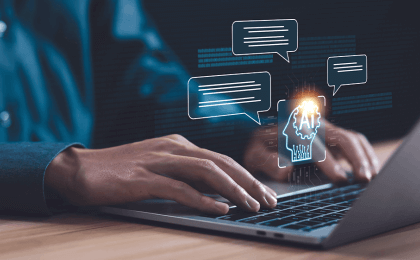 person sits at a computer and recieves answers from an AI chat bot