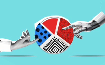 Robotic hand representing AI assistance and a human hand representing human tough both playing a part in the hiring process, representing the goal of balancing new tools with human insight when hiring.