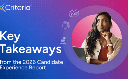 Woman in professional wear looks off thoughtfully, text on image reads "Key Takeaways from the 2026 Candidate Experience Report
