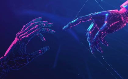 Two robotic hands reaching for each other, representing AI self selection and preference