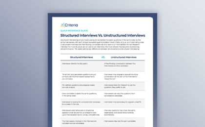 One page from the Criteria Quick Reference Guide: Table Comparing Structured Interviews Vs. Unstructured Interviews