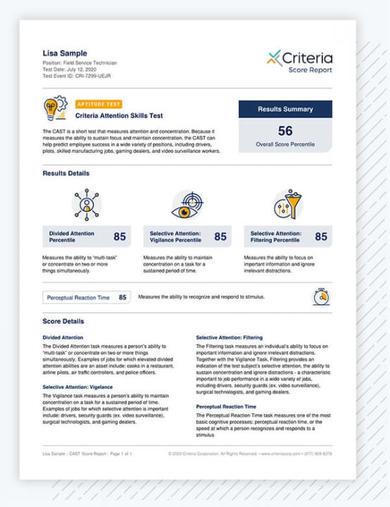 Criteria Attention Skills Test (CAST) Criteria Corp